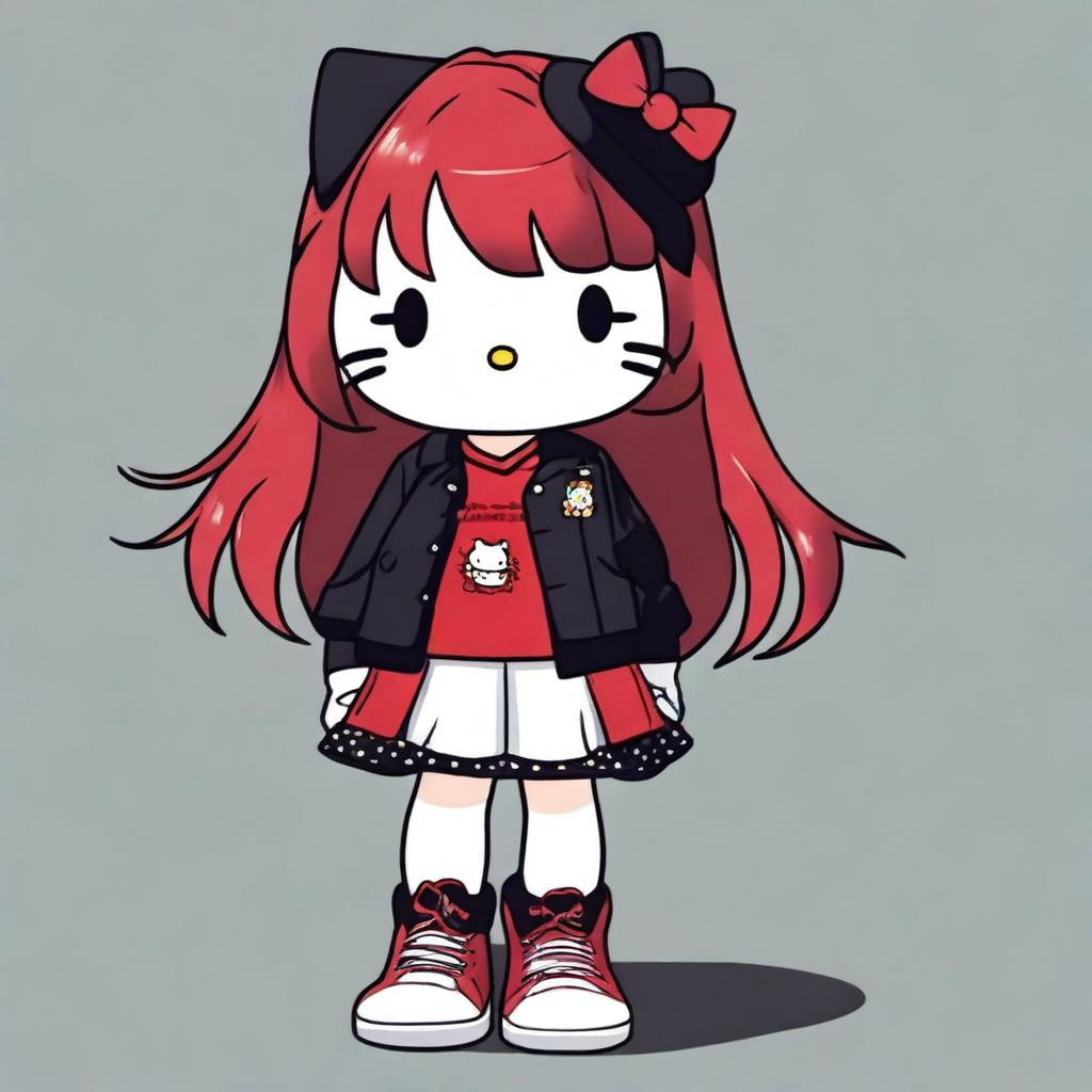 Hello Kitty with dark red bangs and hair, wearing a black skirt and an oversized long-sleeve black shirt, red sneakers, and a grumpy expression