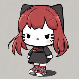 Hello Kitty with dark red bangs and hair, wearing a black skirt and an oversized long-sleeve black shirt, red sneakers, and a grumpy expression