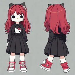 Hello Kitty with dark red bangs and hair, wearing a black skirt and an oversized long-sleeve black shirt, red sneakers, and a grumpy expression