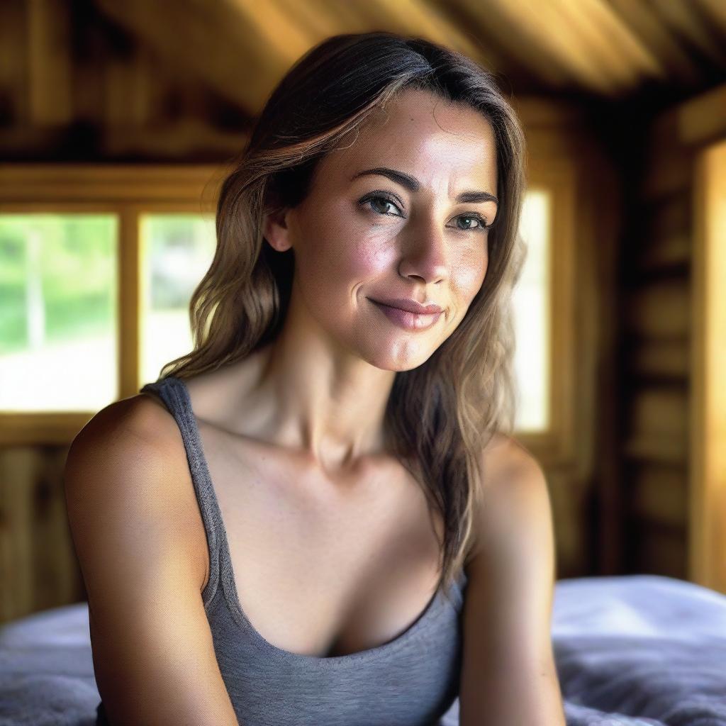 A photo realistic portrait of a young woman in a tank top, set in a cozy cabin