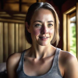 A photo realistic portrait of a young woman in a tank top, set in a cozy cabin