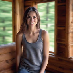 A photo realistic portrait of a young woman in a tank top, set in a cozy cabin