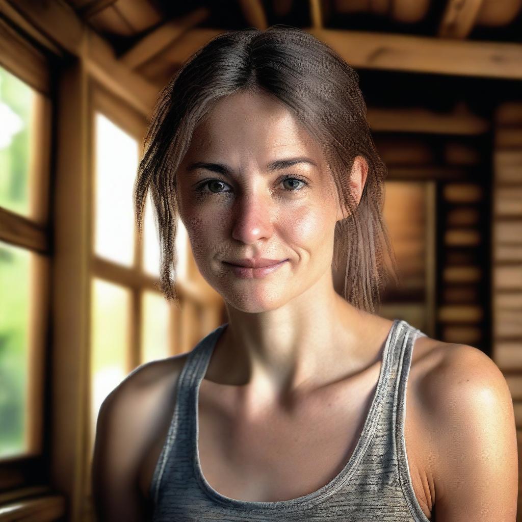 A photo realistic portrait of a young woman in a tank top, set in a cozy cabin