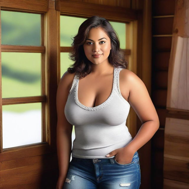 A photo realistic portrait of a curvy young woman in a low cut tank top, set in a cozy cabin