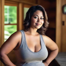 A photo realistic portrait of a curvy young woman in a low cut tank top, set in a cozy cabin