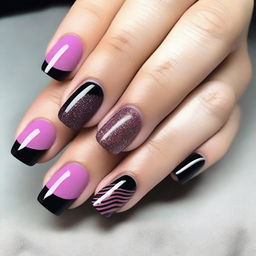 A collection of short nail design ideas featuring pink and black colors