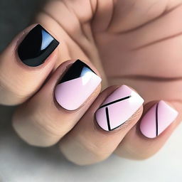 A collection of short nail design ideas featuring pink and black colors