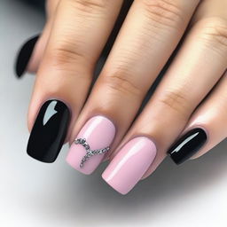 A collection of short nail design ideas featuring pink and black colors