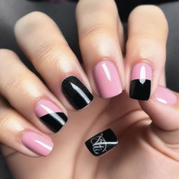 A collection of short nail design ideas featuring pink and black colors