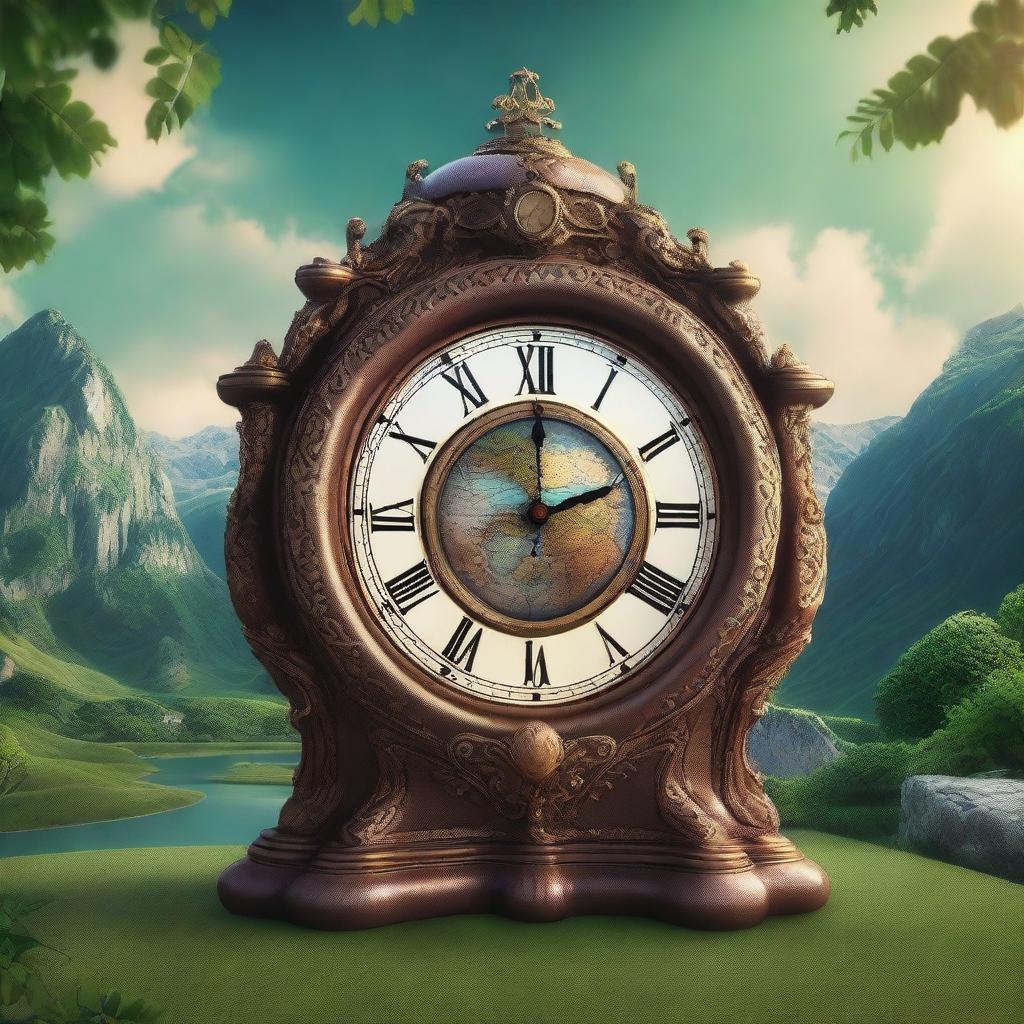 A hyperrealistic 4K image of a fantasy clock with intricate details