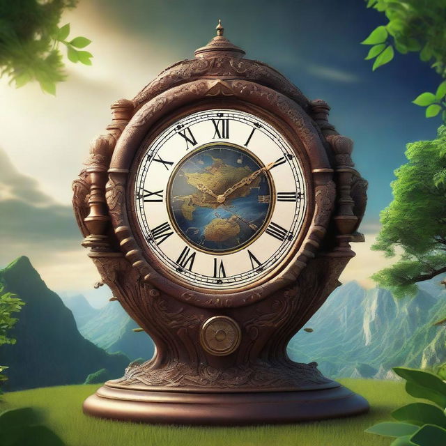 A hyperrealistic 4K image of a fantasy clock with intricate details