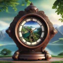 A hyperrealistic 4K image of a fantasy clock with intricate details