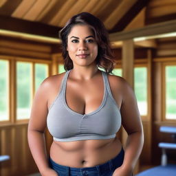 A photo realistic portrait of a curvy young woman in a low cut sports bra, set in a cozy cabin