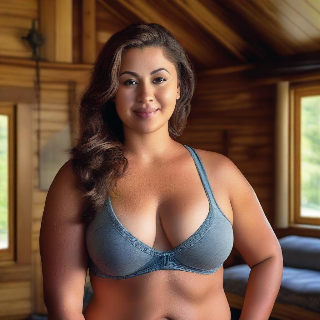 A photo realistic portrait of a curvy young woman in a low cut sports bra, set in a cozy cabin