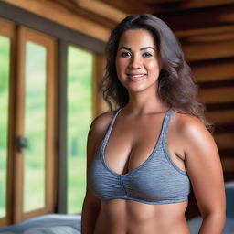 A photo realistic portrait of a curvy young woman in a low cut sports bra, set in a cozy cabin