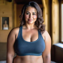 A photo realistic portrait of a curvy young woman in a low cut sports bra, set in a cozy cabin