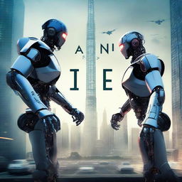 A thrilling movie poster featuring a dramatic showdown between an advanced AI robot and a determined human