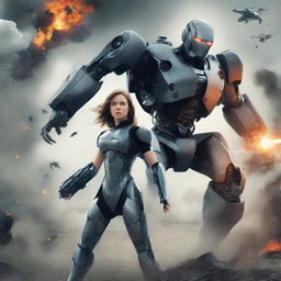 Create a movie poster for an action-packed film featuring a war mode showdown between a futuristic AI robot named Robert and a human girl