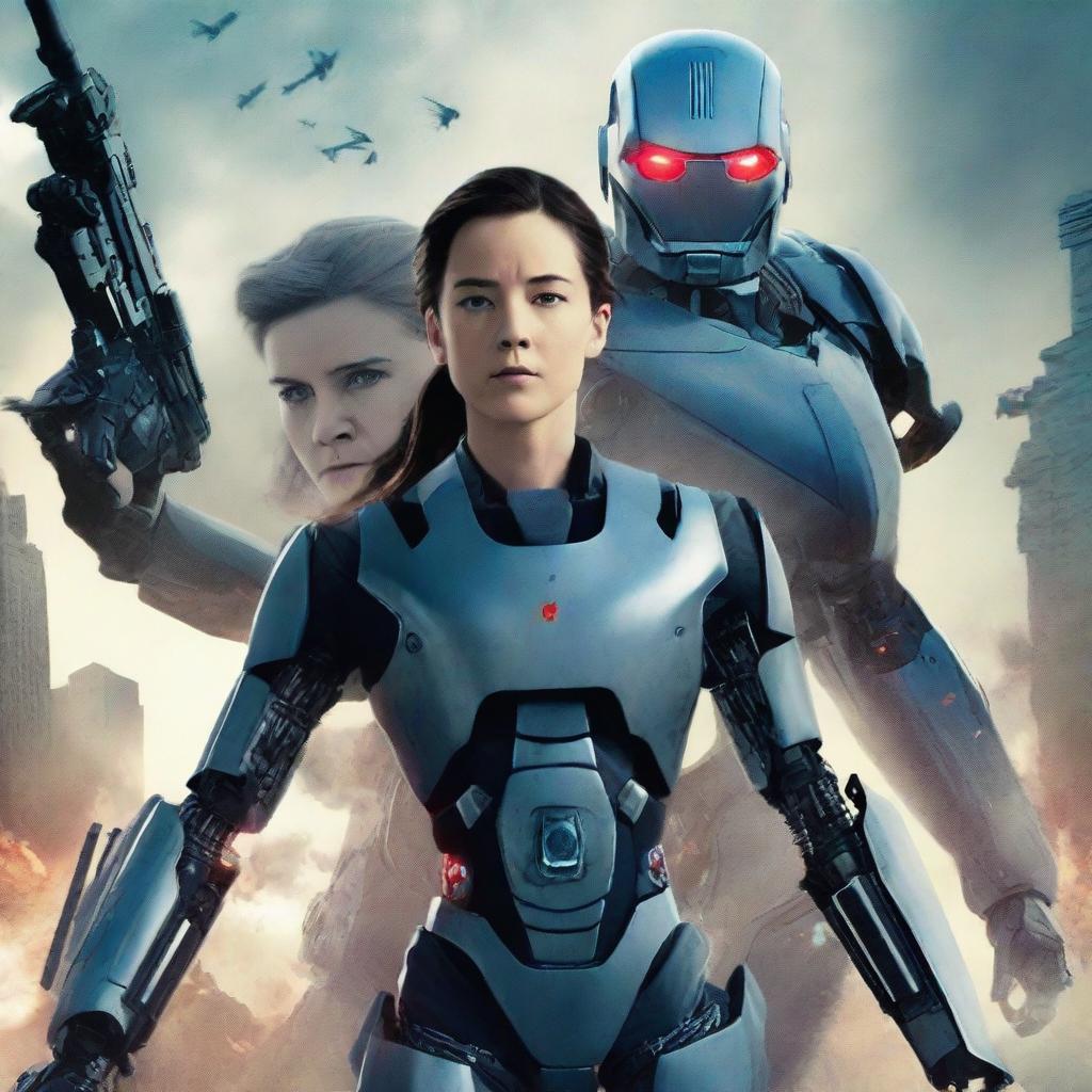 Create a movie poster for an action-packed film featuring a war mode showdown between a futuristic AI robot named Robert, a human girl, and a human boy