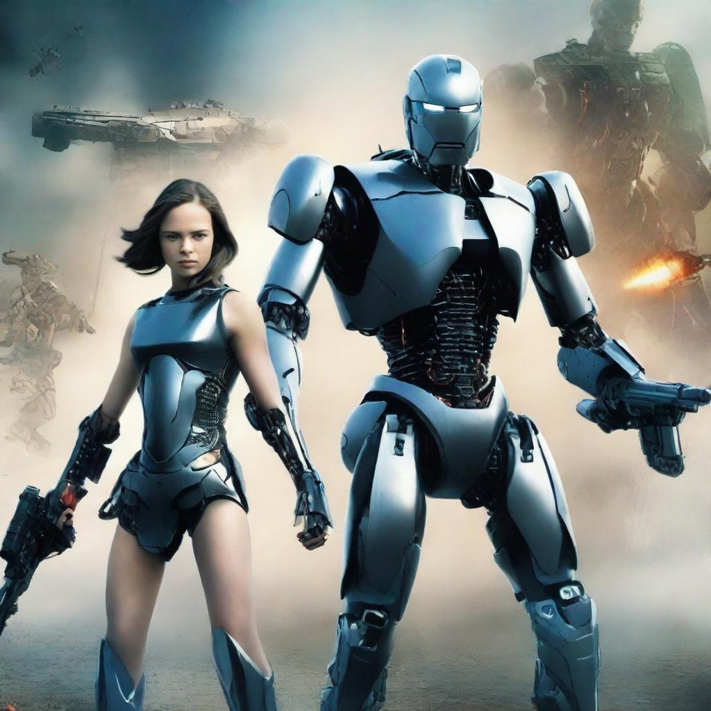 Create a movie poster for an action-packed film featuring a war mode showdown between a futuristic AI robot named Robert, a human girl, and a human boy