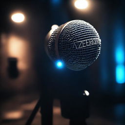 A microphone in a dark room with blue lighting in the background