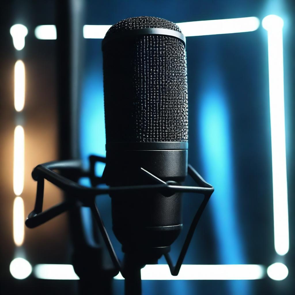 A microphone in a dark room with blue lighting in the background