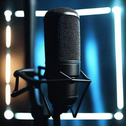 A microphone in a dark room with blue lighting in the background