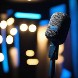 A microphone in a dark room with blue lighting in the background