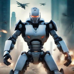 Create a movie poster for an action-packed film featuring a war mode showdown between a futuristic AI robot named Robert and two human characters, one male and one female