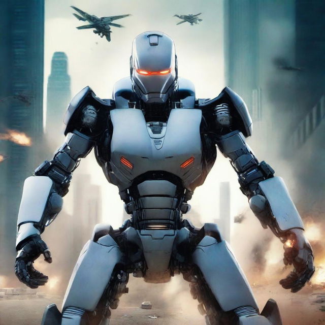 Create a movie poster for an action-packed film featuring a war mode showdown between a futuristic AI robot named Robert and two human characters, one male and one female