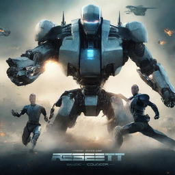 Create a movie poster for an action-packed film featuring a war mode showdown between a futuristic AI robot named Robert and two human characters, one male and one female