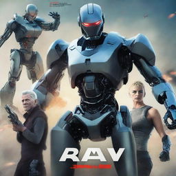 Create a movie poster for an action-packed film featuring a war mode showdown between a futuristic AI robot named Robert and two human characters, one male and one female