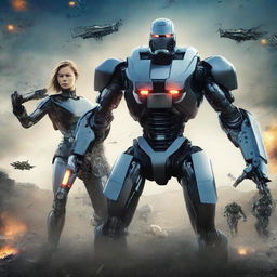 Create a movie poster for an action-packed film featuring a war mode showdown between a futuristic AI robot named Robert and two human characters, one male and one female