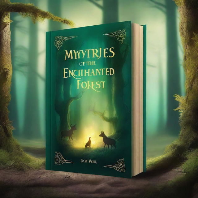 Create a captivating book cover featuring an enchanted forest with glowing mystical creatures and a hidden ancient ruin in the background