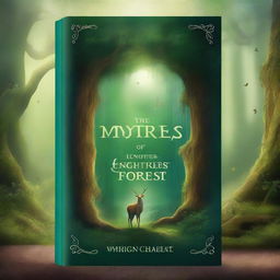 Create a captivating book cover featuring an enchanted forest with glowing mystical creatures and a hidden ancient ruin in the background