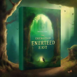 Create a captivating book cover featuring an enchanted forest with glowing mystical creatures and a hidden ancient ruin in the background