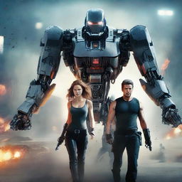 Create a movie poster for an action-packed film featuring a war mode showdown between a futuristic AI robot named Robert and two human characters, one male and one female