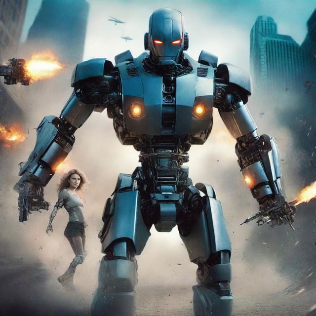 Create a movie poster for an action-packed film featuring a war mode showdown between a futuristic AI robot named Robert and two human characters, one male and one female