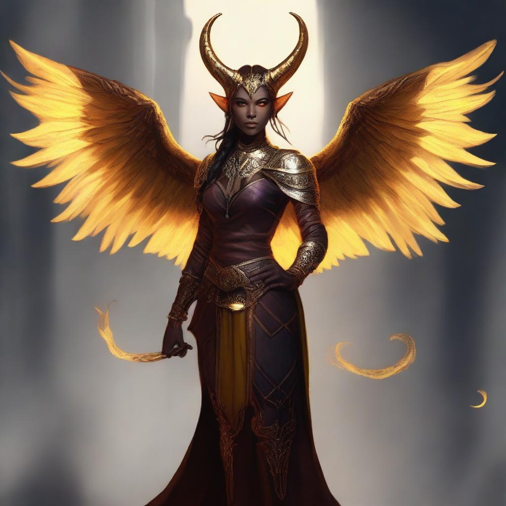 A Tiefling girl with horns, wings, a tail, and glowing golden eyes