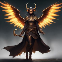 A Tiefling girl with horns, wings, a tail, and glowing golden eyes