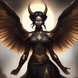 A Tiefling girl with horns, wings, a tail, and glowing golden eyes