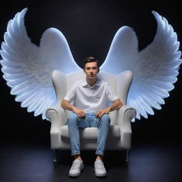 A 3D illusion of a 25-year-old cute boy in a white shirt and sneakers, sitting casually on a wingback chair, gazing ahead. Behind him, 'faizi world' is illuminated in bold capital letters with neon lights on a dark wall, angel wings surround him suggesting an angelic theme.