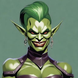 A very muscular green-skinned Orc woman with two large pointy teeth, a voluminous pompadour and shaved sides hairstyle, styled in a sleekly modern take on a classic Victorian era uniform