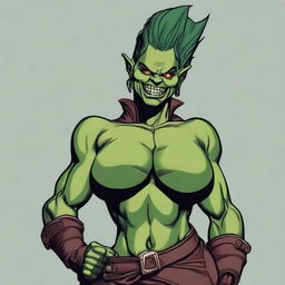 A very muscular green-skinned Orc woman with two large pointy teeth, a voluminous pompadour and shaved sides hairstyle, styled in a sleekly modern take on a classic Victorian era uniform