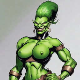 A very muscular green-skinned Orc woman with two large pointy teeth, a voluminous pompadour and shaved sides hairstyle, styled in a sleekly modern take on a classic Victorian era uniform