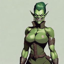 A very muscular green-skinned Orc woman with two large pointy teeth, a voluminous pompadour and shaved sides hairstyle, styled in a sleekly modern take on a classic Victorian era uniform