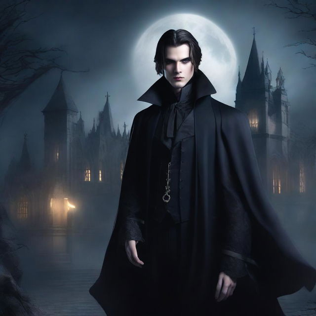 A detailed vampire character design for a gothic novel cover