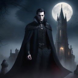 A detailed vampire character design for a gothic novel cover