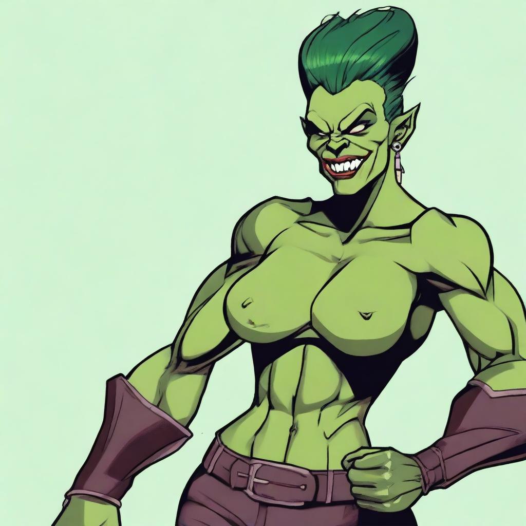 A very muscular orc woman with green skin and two large pointy teeth