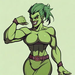 A very muscular orc woman with green skin and two large pointy teeth